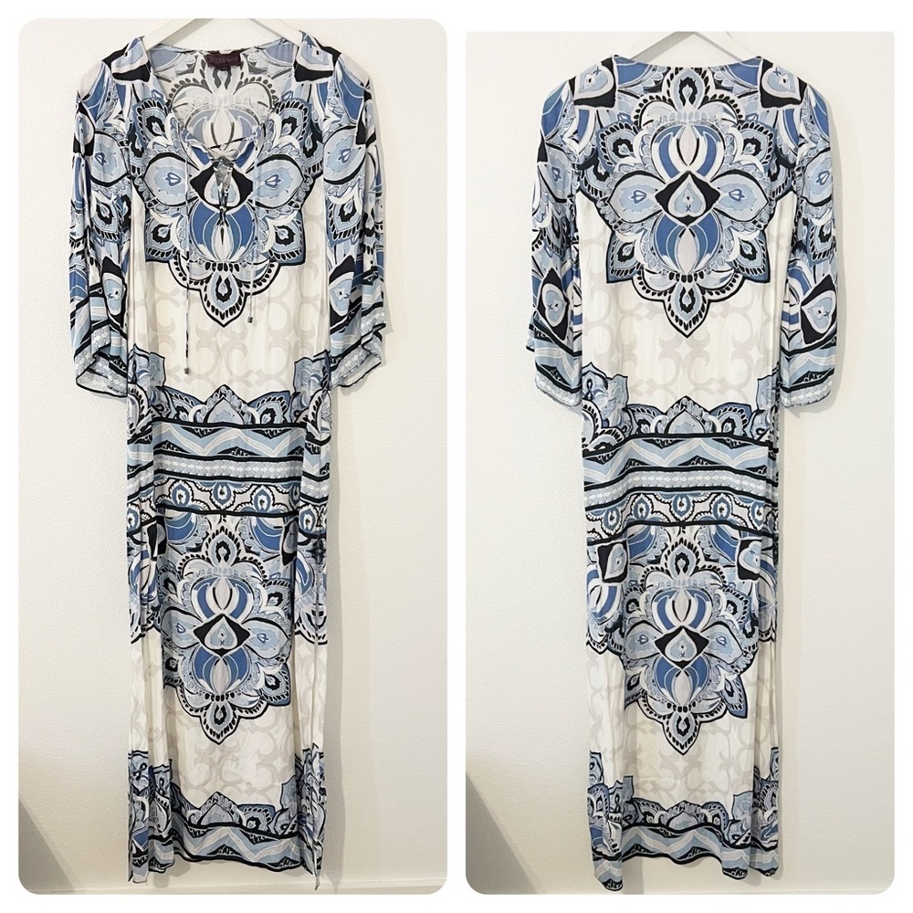 Hale Bob Blue and White Maxi Dress with Ornate Medallion Print